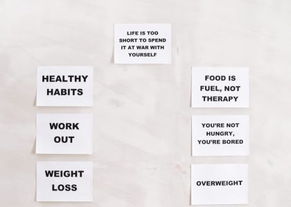 Minimalist display of motivational health and wellness quotes emphasizing healthy habits and weight management.
